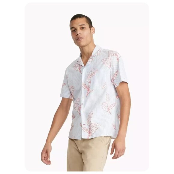 * NWT Tommy Hilfiger Palm Leaf Print Tropical Stripe Short Sleeve Button Up - Picture 1 of 5